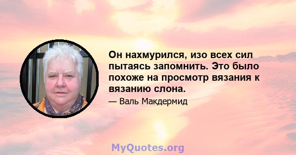 Он нахмурился, изо всех сил пытаясь запомнить. Это было похоже на просмотр вязания к вязанию слона.