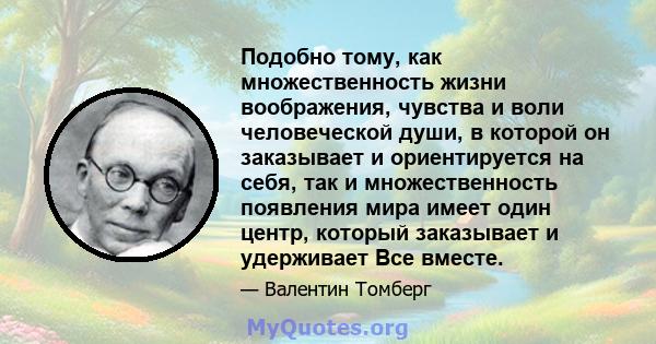 Подобно тому, как множественность жизни воображения, чувства и воли человеческой души, в которой он заказывает и ориентируется на себя, так и множественность появления мира имеет один центр, который заказывает и