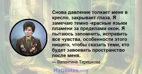 Снова давление толкает меня в кресло, закрывает глаза. Я замечаю темно -красные языки пламени за пределами окон. Я пытаюсь запомнить, исправить все чувства, особенности этого нищего, чтобы сказать теми, кто будет