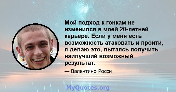 Мой подход к гонкам не изменился в моей 20-летней карьере. Если у меня есть возможность атаковать и пройти, я делаю это, пытаясь получить наилучший возможный результат.