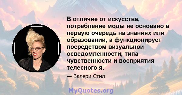 В отличие от искусства, потребление моды не основано в первую очередь на знаниях или образовании, а функционирует посредством визуальной осведомленности, типа чувственности и восприятия телесного я.