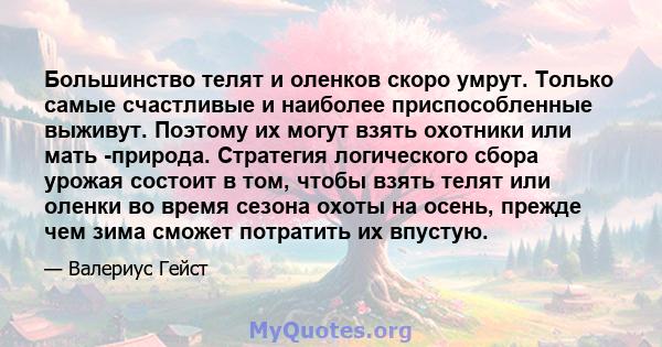 Большинство телят и оленков скоро умрут. Только самые счастливые и наиболее приспособленные выживут. Поэтому их могут взять охотники или мать -природа. Стратегия логического сбора урожая состоит в том, чтобы взять телят 