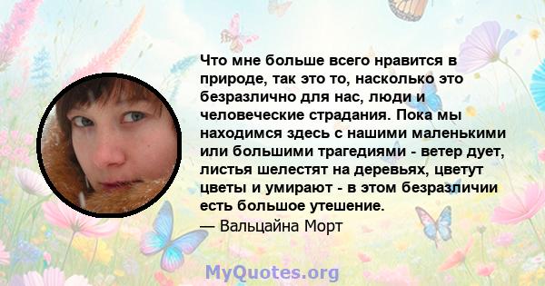 Что мне больше всего нравится в природе, так это то, насколько это безразлично для нас, люди и человеческие страдания. Пока мы находимся здесь с нашими маленькими или большими трагедиями - ветер дует, листья шелестят на 