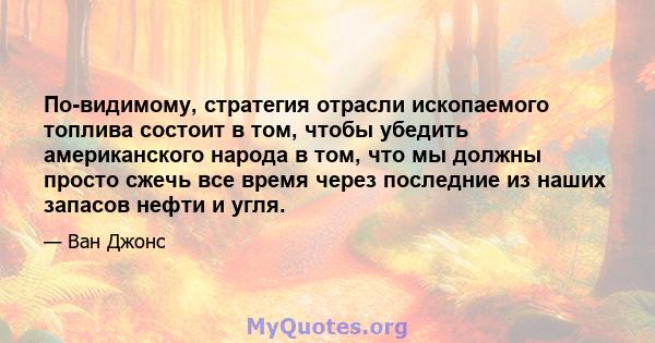 По-видимому, стратегия отрасли ископаемого топлива состоит в том, чтобы убедить американского народа в том, что мы должны просто сжечь все время через последние из наших запасов нефти и угля.