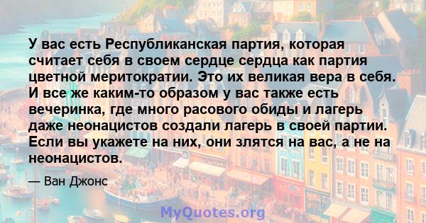 У вас есть Республиканская партия, которая считает себя в своем сердце сердца как партия цветной меритократии. Это их великая вера в себя. И все же каким-то образом у вас также есть вечеринка, где много расового обиды и 