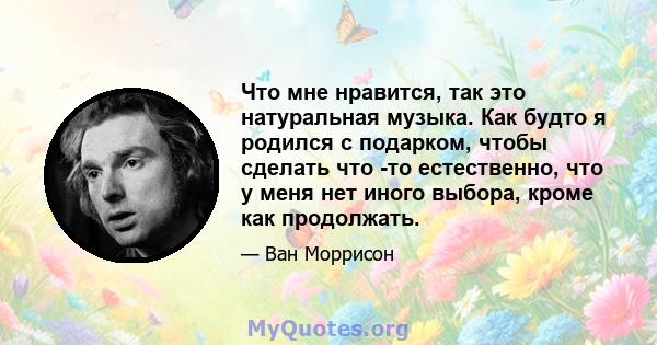 Что мне нравится, так это натуральная музыка. Как будто я родился с подарком, чтобы сделать что -то естественно, что у меня нет иного выбора, кроме как продолжать.