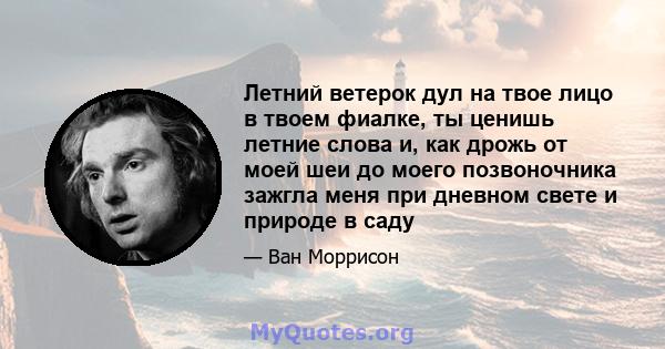 Летний ветерок дул на твое лицо в твоем фиалке, ты ценишь летние слова и, как дрожь от моей шеи до моего позвоночника зажгла меня при дневном свете и природе в саду