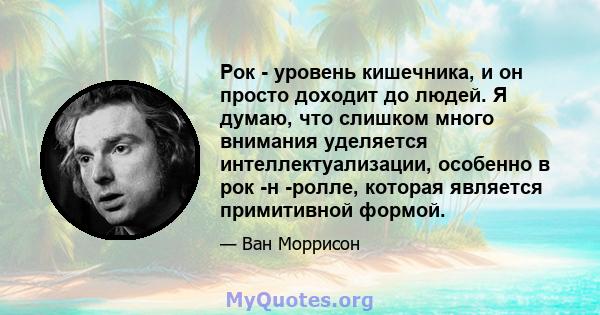 Рок - уровень кишечника, и он просто доходит до людей. Я думаю, что слишком много внимания уделяется интеллектуализации, особенно в рок -н -ролле, которая является примитивной формой.