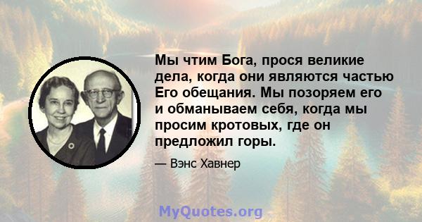 Мы чтим Бога, прося великие дела, когда они являются частью Его обещания. Мы позоряем его и обманываем себя, когда мы просим кротовых, где он предложил горы.