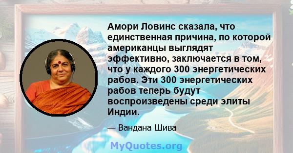 Амори Ловинс сказала, что единственная причина, по которой американцы выглядят эффективно, заключается в том, что у каждого 300 энергетических рабов. Эти 300 энергетических рабов теперь будут воспроизведены среди элиты