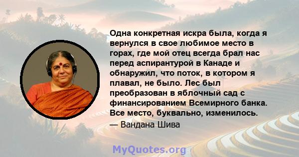 Одна конкретная искра была, когда я вернулся в свое любимое место в горах, где мой отец всегда брал нас перед аспирантурой в Канаде и обнаружил, что поток, в котором я плавал, не было. Лес был преобразован в яблочный