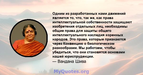 Одним из разработанных нами движений является то, что, так же, как права интеллектуальной собственности защищают изобретения отдельных лиц, необходимы общие права для защиты общего интеллектуального наследия коренных