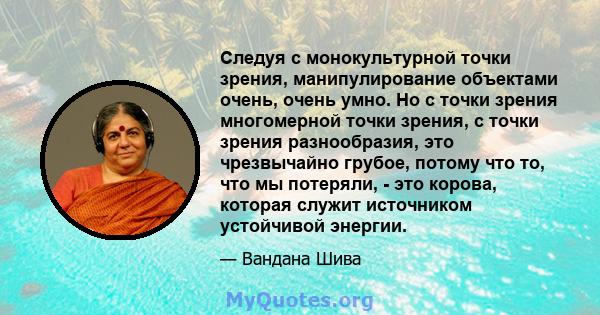 Следуя с монокультурной точки зрения, манипулирование объектами очень, очень умно. Но с точки зрения многомерной точки зрения, с точки зрения разнообразия, это чрезвычайно грубое, потому что то, что мы потеряли, - это