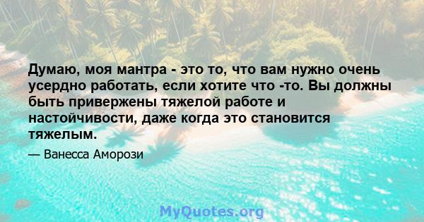 Думаю, моя мантра - это то, что вам нужно очень усердно работать, если хотите что -то. Вы должны быть привержены тяжелой работе и настойчивости, даже когда это становится тяжелым.