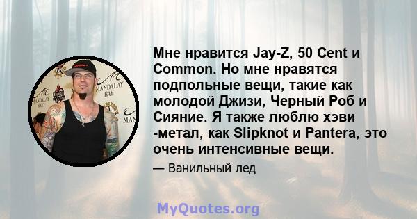 Мне нравится Jay-Z, 50 Cent и Common. Но мне нравятся подпольные вещи, такие как молодой Джизи, Черный Роб и Сияние. Я также люблю хэви -метал, как Slipknot и Pantera, это очень интенсивные вещи.