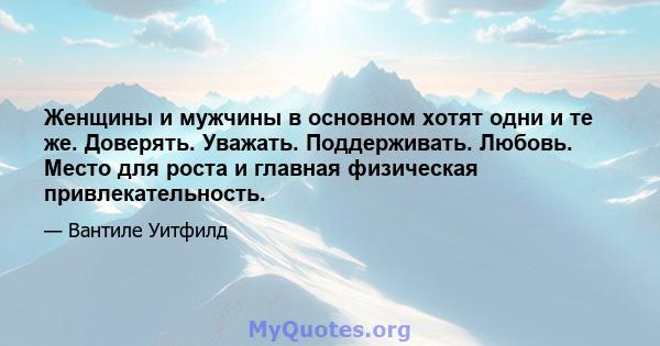 Женщины и мужчины в основном хотят одни и те же. Доверять. Уважать. Поддерживать. Любовь. Место для роста и главная физическая привлекательность.