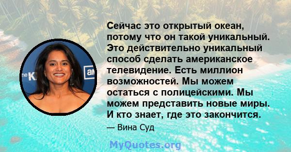 Сейчас это открытый океан, потому что он такой уникальный. Это действительно уникальный способ сделать американское телевидение. Есть миллион возможностей. Мы можем остаться с полицейскими. Мы можем представить новые