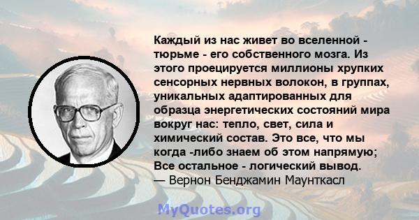 Каждый из нас живет во вселенной - тюрьме - его собственного мозга. Из этого проецируется миллионы хрупких сенсорных нервных волокон, в группах, уникальных адаптированных для образца энергетических состояний мира вокруг 