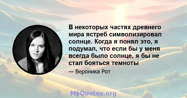 В некоторых частях древнего мира ястреб символизировал солнце. Когда я понял это, я подумал, что если бы у меня всегда было солнце, я бы не стал бояться темноты