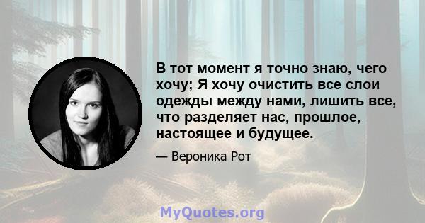 В тот момент я точно знаю, чего хочу; Я хочу очистить все слои одежды между нами, лишить все, что разделяет нас, прошлое, настоящее и будущее.