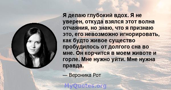 Я делаю глубокий вдох. Я не уверен, откуда взялся этот волна отчаяния, но знаю, что я признаю это, его невозможно игнорировать, как будто живое существо пробудилось от долгого сна во мне. Он корчится в моем животе и