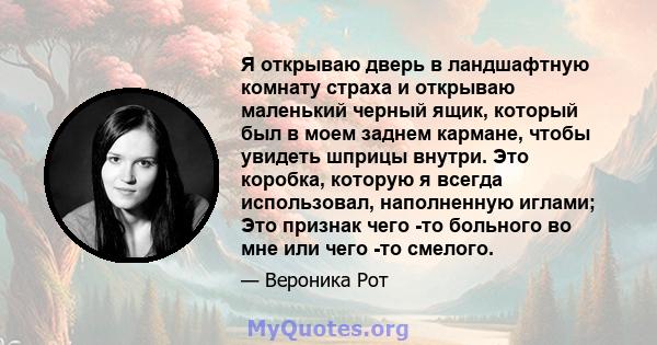 Я открываю дверь в ландшафтную комнату страха и открываю маленький черный ящик, который был в моем заднем кармане, чтобы увидеть шприцы внутри. Это коробка, которую я всегда использовал, наполненную иглами; Это признак