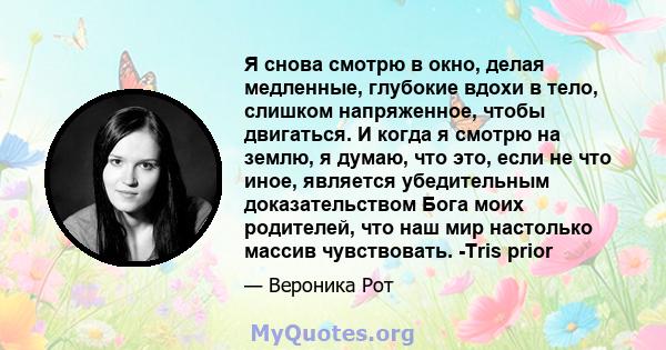 Я снова смотрю в окно, делая медленные, глубокие вдохи в тело, слишком напряженное, чтобы двигаться. И когда я смотрю на землю, я думаю, что это, если не что иное, является убедительным доказательством Бога моих