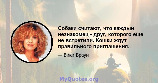 Собаки считают, что каждый незнакомец - друг, которого еще не встретили. Кошки ждут правильного приглашения.