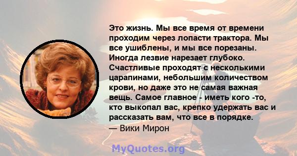 Это жизнь. Мы все время от времени проходим через лопасти трактора. Мы все ушиблены, и мы все порезаны. Иногда лезвие нарезает глубоко. Счастливые проходят с несколькими царапинами, небольшим количеством крови, но даже