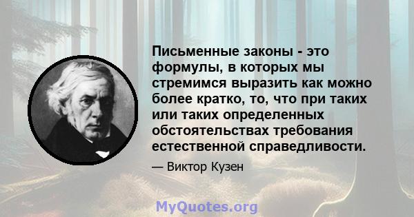 Письменные законы - это формулы, в которых мы стремимся выразить как можно более кратко, то, что при таких или таких определенных обстоятельствах требования естественной справедливости.