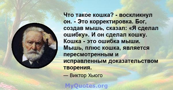 Что такое кошка? - воскликнул он. - Это корректировка. Бог, создав мышь, сказал: «Я сделал ошибку». И он сделал кошку. Кошка - это ошибка мыши. Мышь, плюс кошка, является пересмотренным и исправленным доказательством