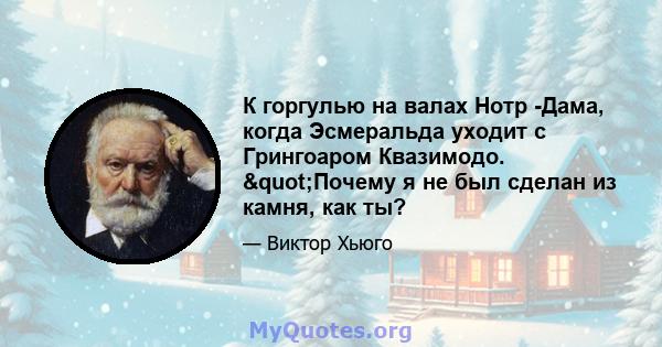 К горгулью на валах Нотр -Дама, когда Эсмеральда уходит с Грингоаром Квазимодо. "Почему я не был сделан из камня, как ты?