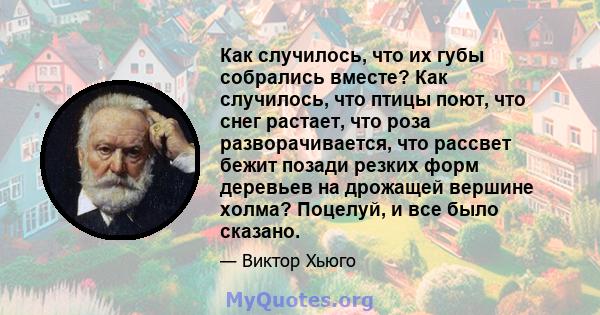 Как случилось, что их губы собрались вместе? Как случилось, что птицы поют, что снег растает, что роза разворачивается, что рассвет бежит позади резких форм деревьев на дрожащей вершине холма? Поцелуй, и все было