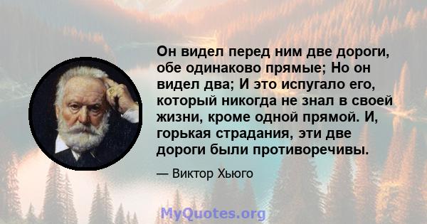 Он видел перед ним две дороги, обе одинаково прямые; Но он видел два; И это испугало его, который никогда не знал в своей жизни, кроме одной прямой. И, горькая страдания, эти две дороги были противоречивы.