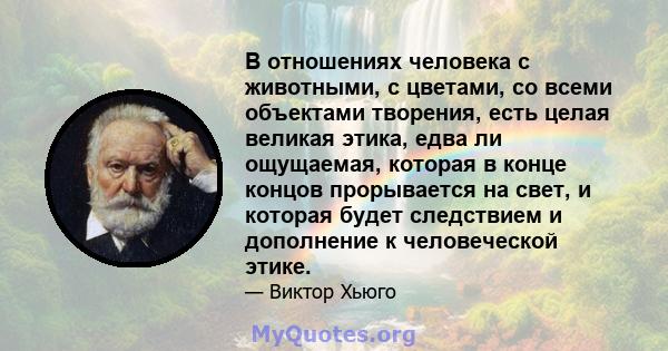 В отношениях человека с животными, с цветами, со всеми объектами творения, есть целая великая этика, едва ли ощущаемая, которая в конце концов прорывается на свет, и которая будет следствием и дополнение к человеческой