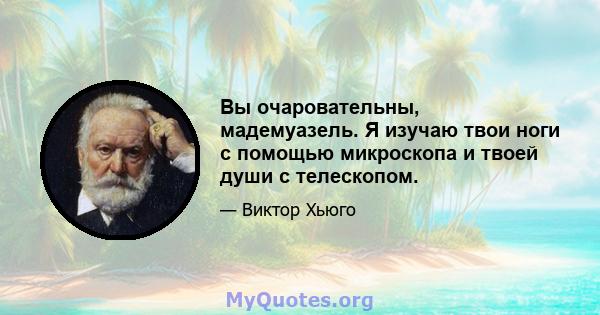 Вы очаровательны, мадемуазель. Я изучаю твои ноги с помощью микроскопа и твоей души с телескопом.