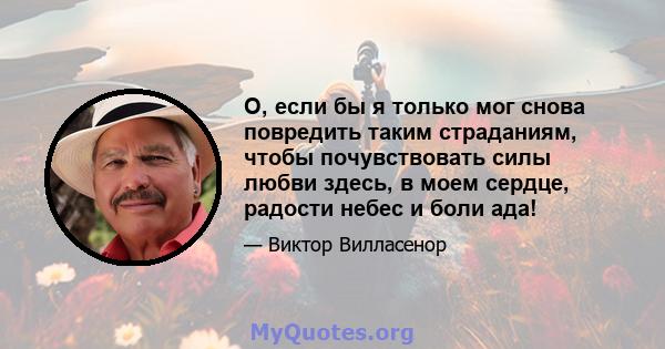 О, если бы я только мог снова повредить таким страданиям, чтобы почувствовать силы любви здесь, в моем сердце, радости небес и боли ада!