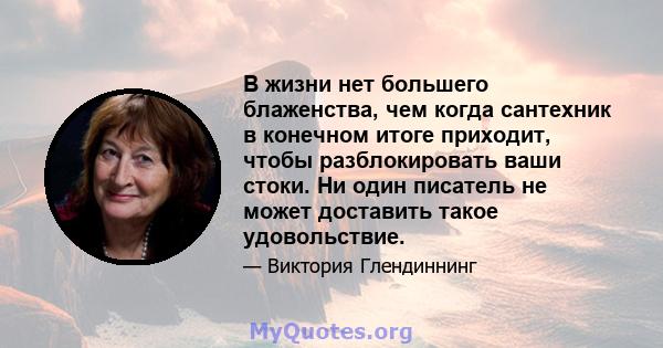 В жизни нет большего блаженства, чем когда сантехник в конечном итоге приходит, чтобы разблокировать ваши стоки. Ни один писатель не может доставить такое удовольствие.