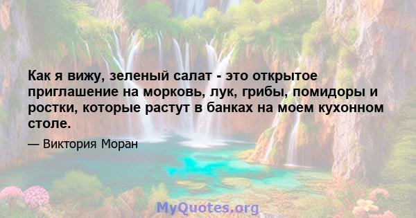 Как я вижу, зеленый салат - это открытое приглашение на морковь, лук, грибы, помидоры и ростки, которые растут в банках на моем кухонном столе.