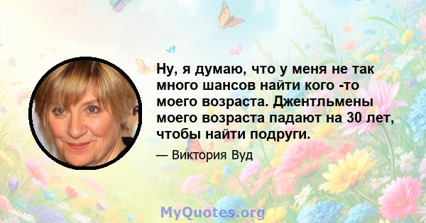 Ну, я думаю, что у меня не так много шансов найти кого -то моего возраста. Джентльмены моего возраста падают на 30 лет, чтобы найти подруги.