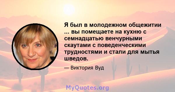 Я был в молодежном общежитии ... вы помещаете на кухню с семнадцатью венчурными скаутами с поведенческими трудностями и стали для мытья шведов.