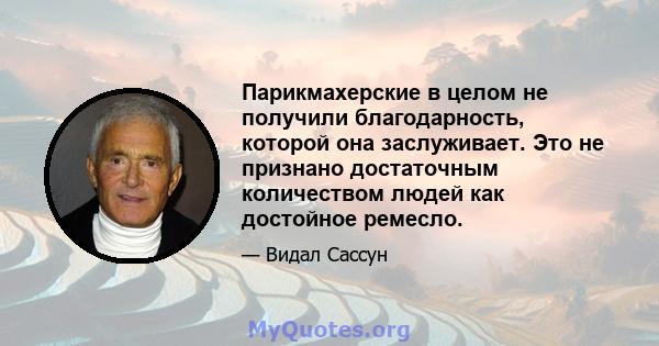 Парикмахерские в целом не получили благодарность, которой она заслуживает. Это не признано достаточным количеством людей как достойное ремесло.