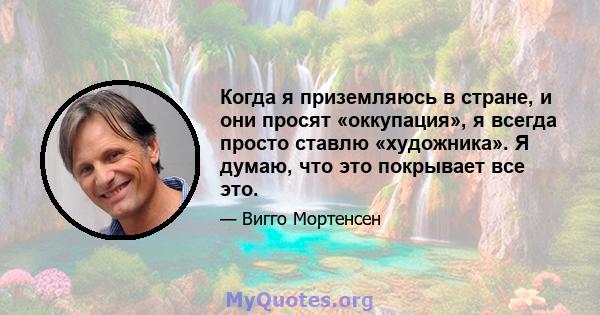 Когда я приземляюсь в стране, и они просят «оккупация», я всегда просто ставлю «художника». Я думаю, что это покрывает все это.