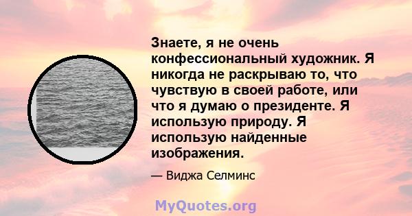 Знаете, я не очень конфессиональный художник. Я никогда не раскрываю то, что чувствую в своей работе, или что я думаю о президенте. Я использую природу. Я использую найденные изображения.