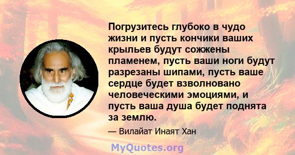 Погрузитесь глубоко в чудо жизни и пусть кончики ваших крыльев будут сожжены пламенем, пусть ваши ноги будут разрезаны шипами, пусть ваше сердце будет взволновано человеческими эмоциями, и пусть ваша душа будет поднята