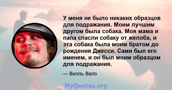 У меня не было никаких образцов для подражания. Моим лучшим другом была собака. Моя мама и папа спасли собаку от желоба, и эта собака была моим братом до рождения Джесси. Сами был его именем, и он был моим образцом для