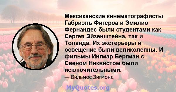 Мексиканские кинематографисты Габриэль Фигероа и Эмилио Фернандес были студентами как Сергея Эйзенштейна, так и Толанда. Их экстерьеры и освещение были великолепны. И фильмы Ингмар Бергман с Свеном Никвистом были