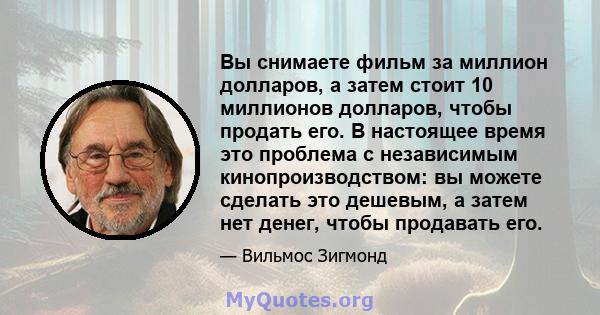 Вы снимаете фильм за миллион долларов, а затем стоит 10 миллионов долларов, чтобы продать его. В настоящее время это проблема с независимым кинопроизводством: вы можете сделать это дешевым, а затем нет денег, чтобы