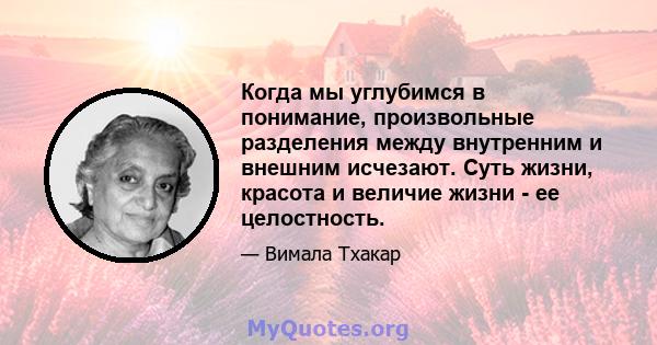 Когда мы углубимся в понимание, произвольные разделения между внутренним и внешним исчезают. Суть жизни, красота и величие жизни - ее целостность.