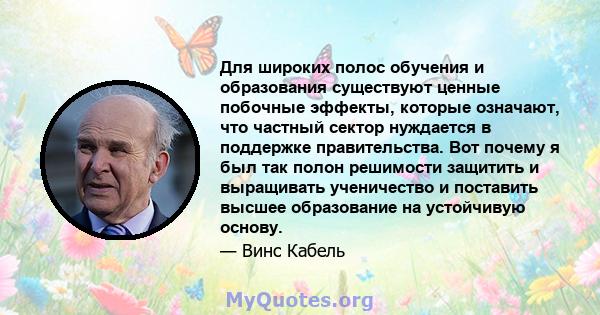 Для широких полос обучения и образования существуют ценные побочные эффекты, которые означают, что частный сектор нуждается в поддержке правительства. Вот почему я был так полон решимости защитить и выращивать